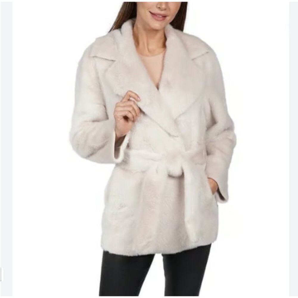 Love Token Bentley Belted Wrap Faux Fur Coat in Ecru